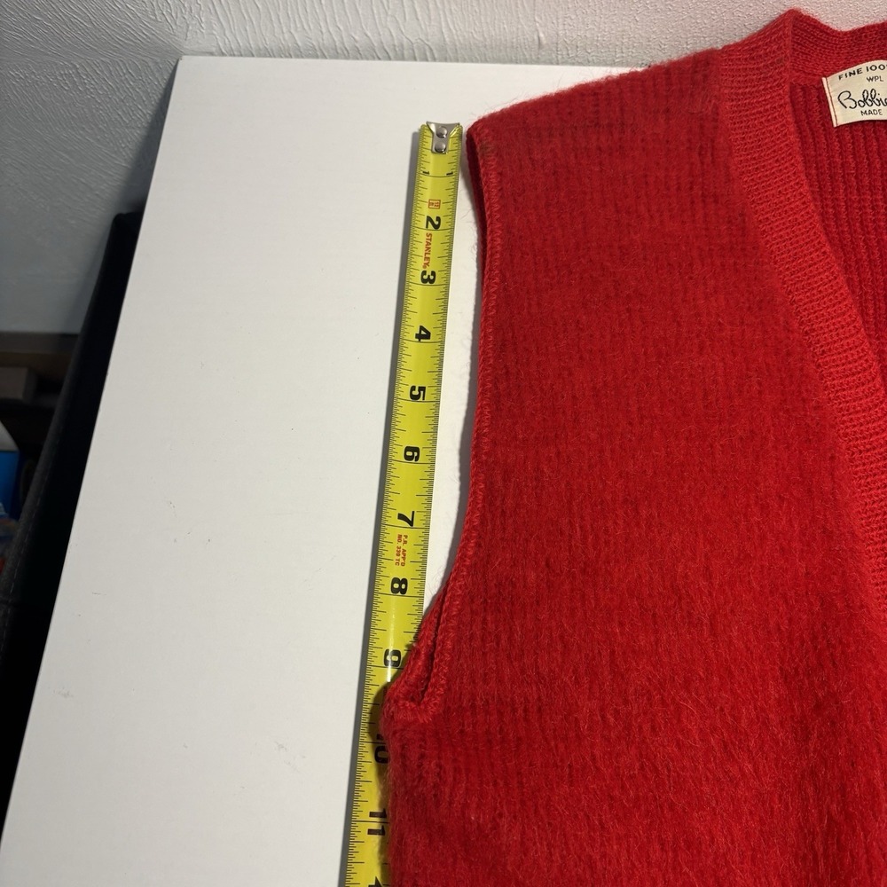 Vintage Bobbie Brooks Red 100% Wool Fuzzy Knit Button Front V-Neck Vest USA Made - Picture 9 of 10